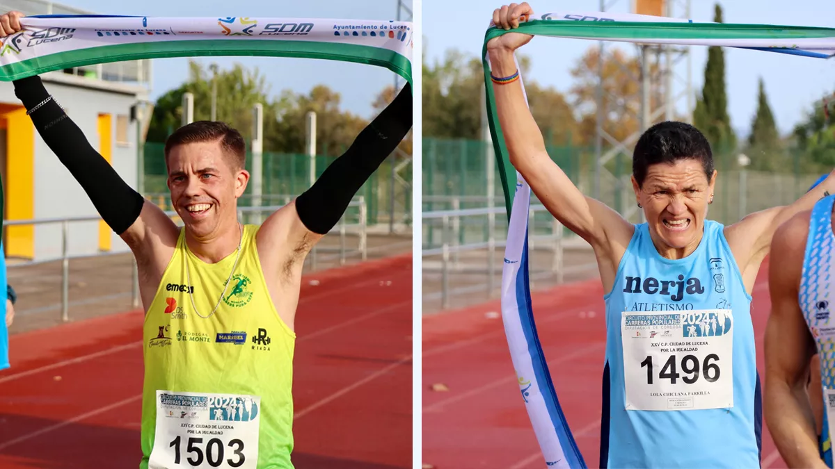 El atleta egabrense Diego Tirado y la ubetense Lola Chiclana en su entrada en meta en esta XXV Carrera Popular de Lucena